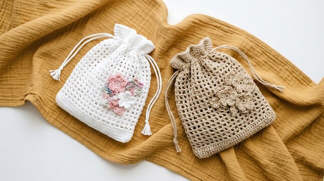 Two handmade crochet drawstring bags with floral decorations on a soft mustard yellow fabric background