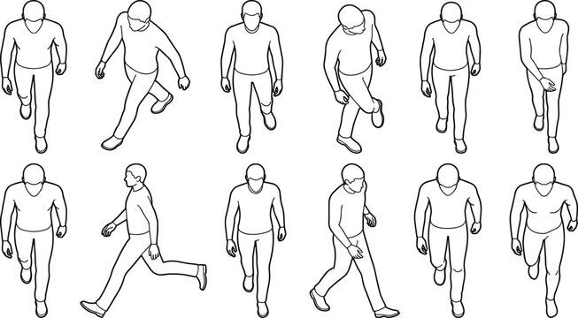 Human Walking and Running Pose Reference Set in Black and White Line Art Illustration