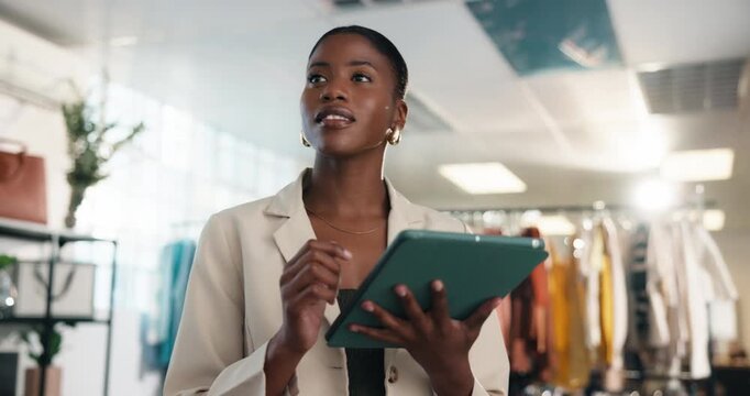 Fashion, woman and thinking in clothing store with tablet, inventory management and entrepreneurship. Small business owner, black person and vision in boutique with tech, check stock and retail shop.