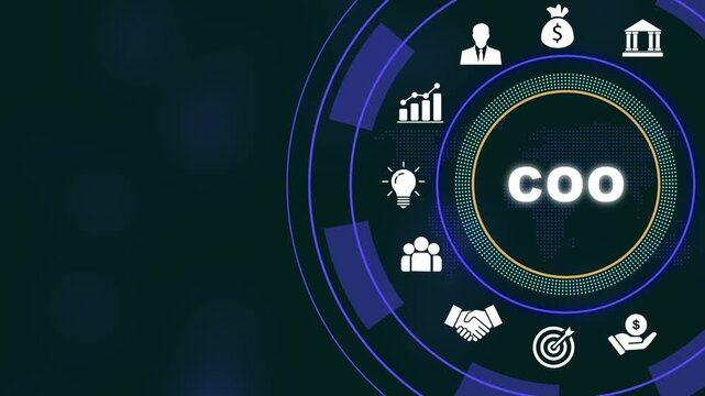 Coo chief operating officer corporate leadership concept featuring animated digital hud interface with business management financial growth symbols, and global network connectivity