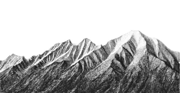 Halftone mountain range illustration on white background. Black and white engraved style alpine peaks. Vintage dot matrix landscape artwork
