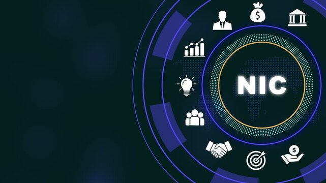 Digital nic concept animation featuring futuristic hud interface with global business financial growth charts, corporate strategy symbols, and networking for presentation media