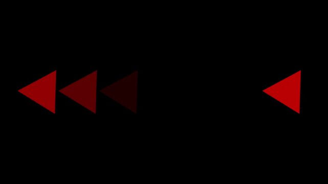 Triangles in shades of red are positioned in a sequence to represent a rewind or fast backward command on a digital application interface while maintaining a bold and high contrast visual aesthetic.