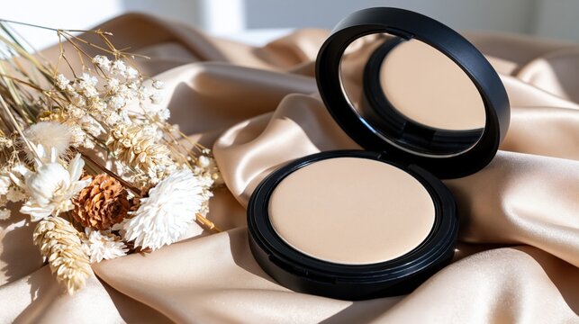 Compact makeup powder with dried flowers rests on satin fabric.