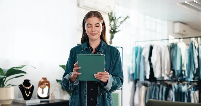 Thinking, tablet and woman in clothing store for small business, online shop management and laugh. Happy, person and technology in boutique for retail, fashion industry and space or app for startup