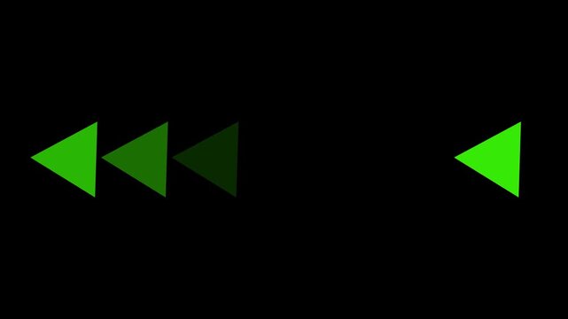 Triangles in bright green alignment point toward the left side of the frame against a black field to depict a digital rewind or reverse navigation command found in media player control interfaces.