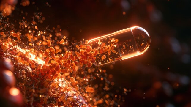 A glowing probiotic capsule releases bacteria into the intestinal environment, with bacteria producing neurotransmitter precursors in amber emissions.