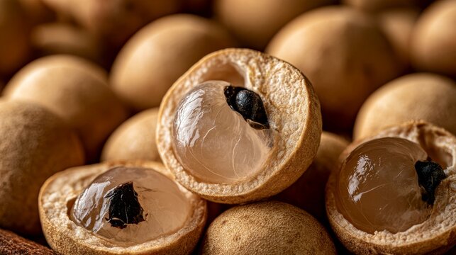 Close-up of fresh longan fruit, one cut open revealing juicy flesh and seed