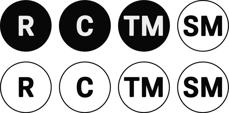 Copyright registered logo set, service mark and trademark symbols representing brand registration intellectual property ownership legal protection business rights