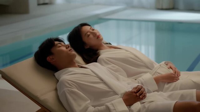 Two adults recline side by side on padded loungers in white robes with eyes closed beside a turquoise indoor pool, resting quietly in a bright indoor relaxation area