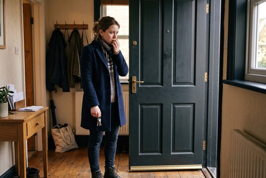 A woman is at the front door of her home. She holds keys in one hand and appears worried. The room shows a table with some items and a coat rack by the wall