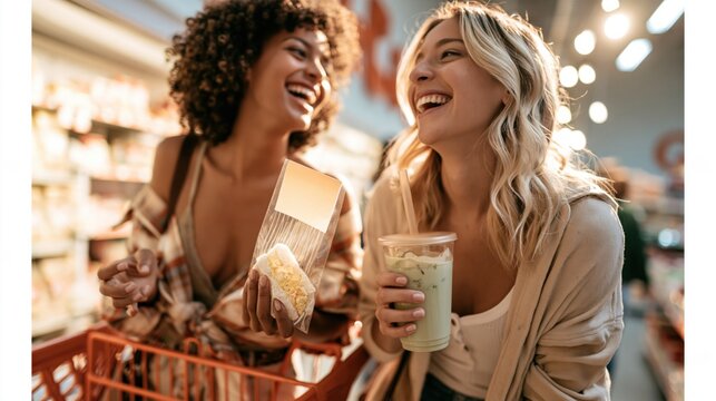 Friends Enjoying Unique Grocery Store Experience With Matcha Latte
