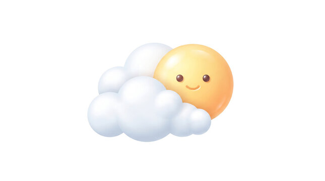 Cute 3D sun and cloud weather icon, smiling yellow sun character behind white fluffy cloud, glossy cartoon weather forecast element for apps