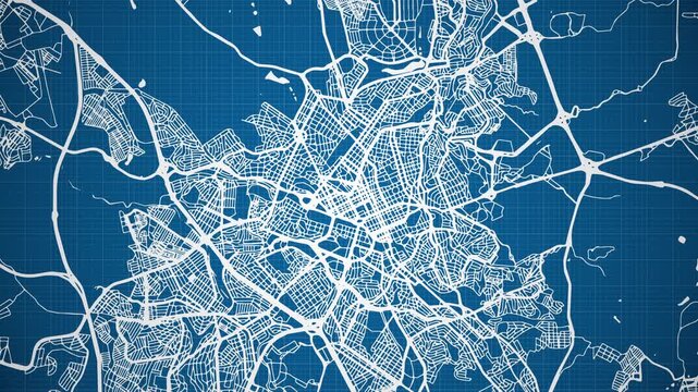 Ink reveal animation of Campinas city, S&atilde;o Paulo, Brasil (Brazil) grid map. Aerial top view. Blueprint style. White lines with blue background. 4K Seamless loop.