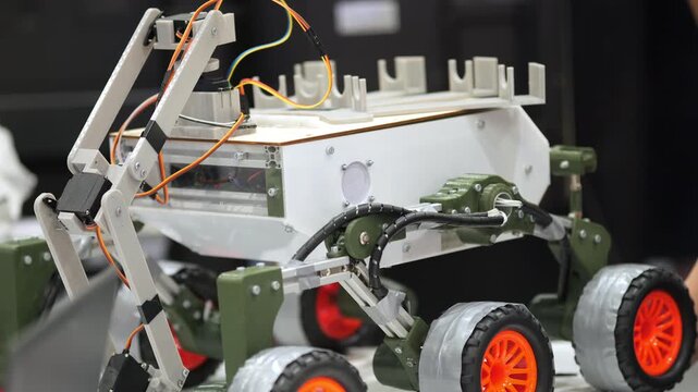 Robot with orange wheels and mechanical arms. Metal chassis with visible wiring and components. Background shows hands and blurred equipment