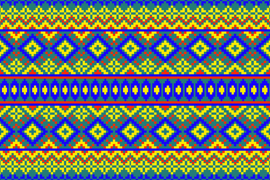 seamless geometric pattern
A seamless, traditional tribal border pattern featuring intricate floral and pixel-art geometric motifs in blue, yellow, and red against a teal-green background&mdash;an authentic
