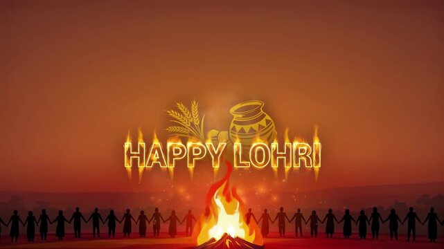 People Dancing Around Bonfire during Lohri Festival at Dusk with Glowing Text and Warm Cinematic Lighting