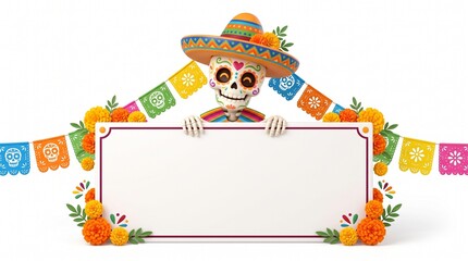 Fototapeta premium Skeleton wearing sombrero peeking over blank sign board with colorful papel picado banners and marigolds, día de muertos day of the dead