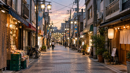 Fototapeta premium A Quiet Summer Evening in a Traditional Japanese Shopping Street