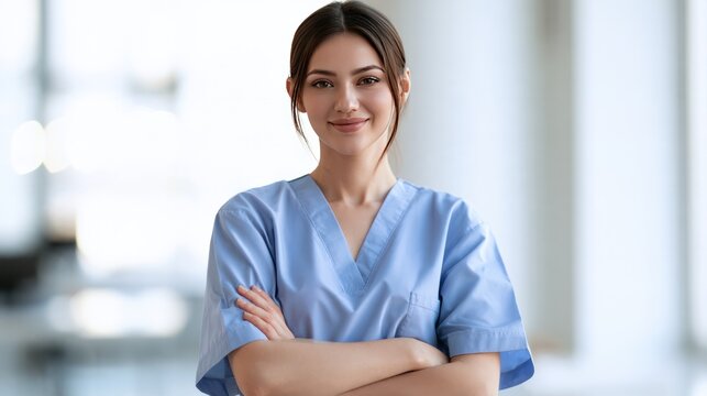 Portrait of a Kind Nurse: A compassionate nurse, adorned in light blue scrubs, stands with crossed arms, offering a warm smile that radiates professionalism and care.