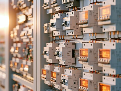 Industrial electrical control panel with row of circuit breakers and orange glowing indicators
