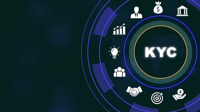 Kyc know your customer digital interface concept featuring animated financial global network connectivity, secure identity verification technology, and modern corporate banking security data