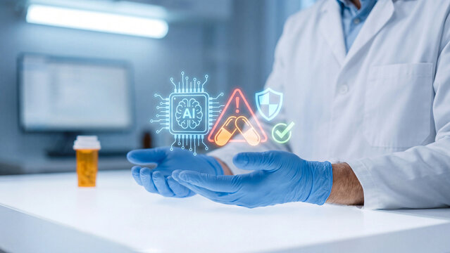 AI drug interaction checker and medication safety alert concept, doctor in nitrile glove presenting AI chip with capsule warning, shield and checkmark for prescription error detection