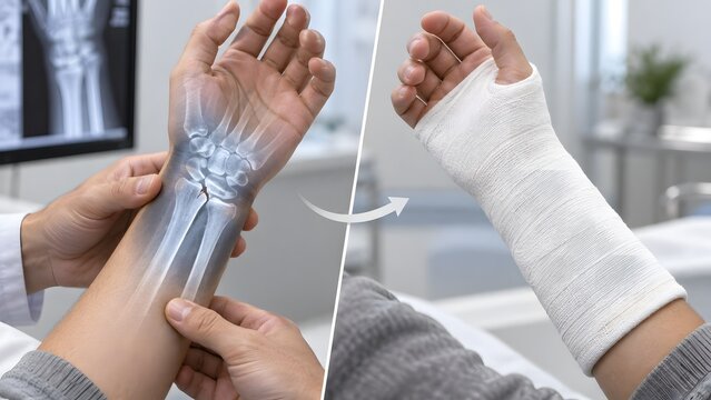 Comparison of fractured wrist bone X-ray overlay and orthopedic plaster cast