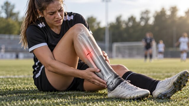 Scientific visualization of sports leg trauma and fractured tibia bone in soccer player