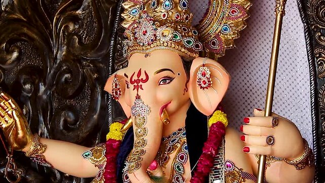 Ganesha idol face closeup showing gold crown jewelry and trunk detail during Ganesh Chaturthi festival India.