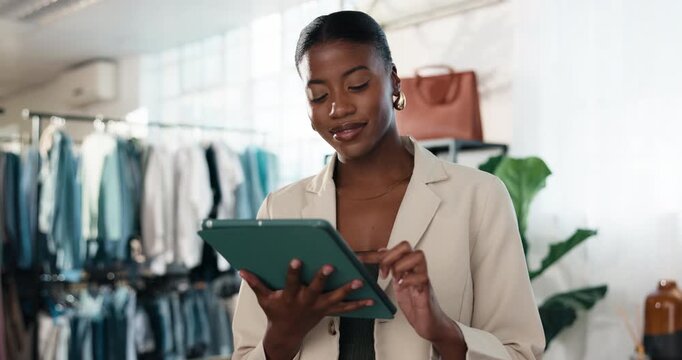 Fashion, woman and plan in clothing store with tablet, stock control and online order on CMT website. Happy, black person and typing in boutique with tech, retail merchandise or inventory management.