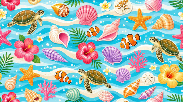 Seamless tropical ocean pattern with sea turtles and seashells.
