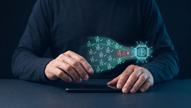 AI ecommerce fraud detection and suspicious transaction alert concept, man with smartphone and AI brain chip scanning shopping cart payment with warning for online shopping security