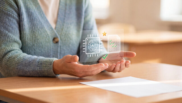 AI exam grading and automated test assessment in education concept. Teacher hand with AI brain chip, star and test checklist hologram in classroom for school exam grading and AI learning