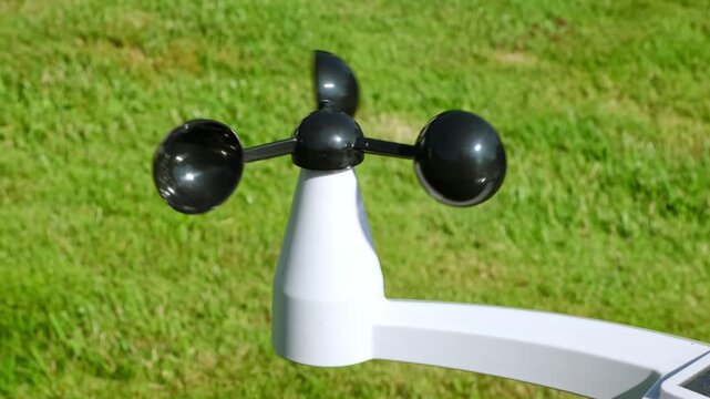 The Anemometer measuring wind speed outdoors on a green grass background. Weather monitoring, meteorological equipment, climate study. Modern wireless weather station. Smart home technology. HQ 4K.