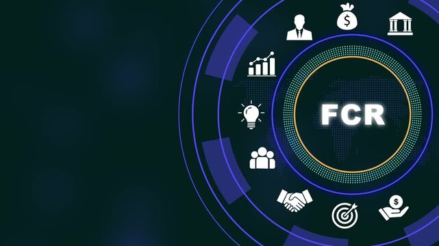 Dynamic fcr first contact resolution concept with animated business digital map background, corporate infographic motion for customer service and financial performance analysis