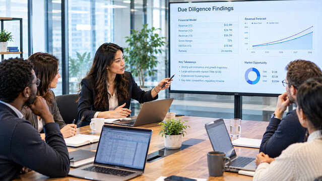 Female VC associate reviewing due diligence with diverse team
