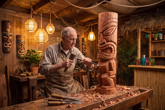 Focused senior craftsman in a work apron carefully carves a large traditional wooden tiki statue using a mallet and chisel in a warm illuminated cozy tropical artisan workshop.