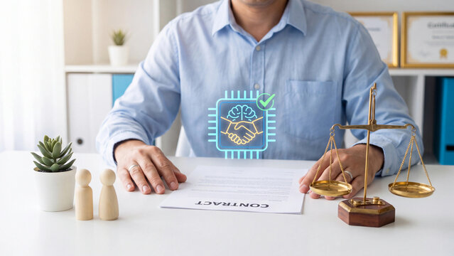 AI legal contract agreement and business negotiation concept. Man with contract document and AI chip with brain handshake checkmark in office for legal mediation and dispute settlement