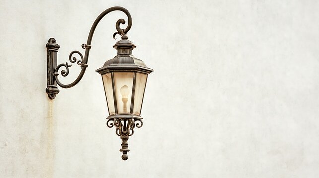Classic antique wall lantern with decorative iron arm on a rustic white stucco wall with copy space