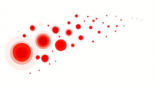Abstract red bubbles and dots of varying sizes scattered on a white background, a minimal design element resembling blood cells, virus particles or notification icons