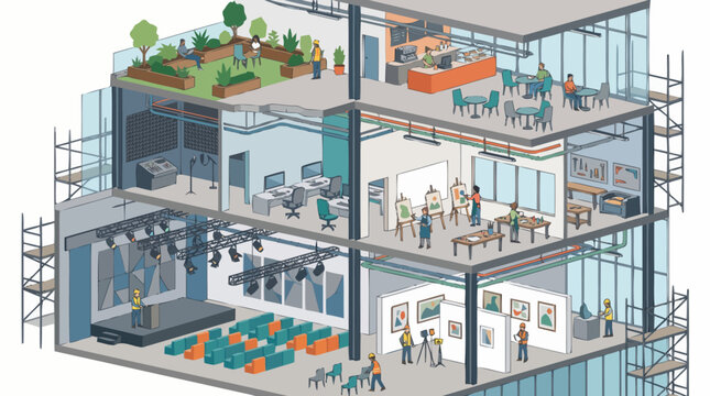 Modern multi-story office building interior layout design.