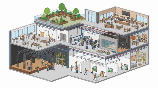 Modern multi-floor office building interior with diverse teams.