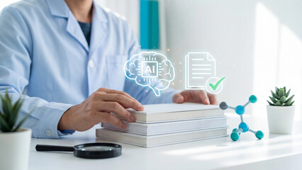 Obraz premium AI scientific research and academic literature analysis concept. Scientist hand on book stack with AI brain chip, document checkmark, magnifier and molecule for science publication study