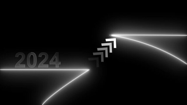 Year twenty twenty four is depicted with a series of rising neon arrows that signify future growth, ambitious business goals, and a positive outlook for the upcoming annual financial success strategy.