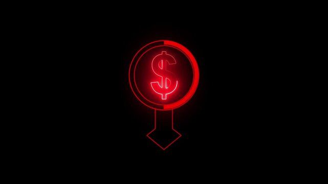 Dollar sign presented inside a vibrant red neon circle represents negative market movement, financial loss, and decreasing stock values in a minimalist digital graphic design for corporate.