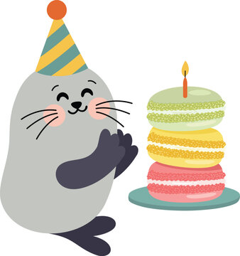 Cute Seal Celebrating Birthday With Macarons