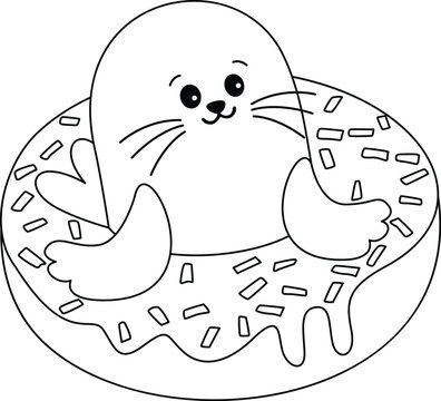 Cute Seal Inside a Sweet Donut Coloring Page