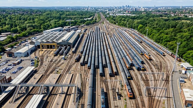 High angle aerial view of a large train yard with numerous railway tracks and parked cargo and passenger carriages surrounded by green trees train station rail transport cargo trains railroad trac