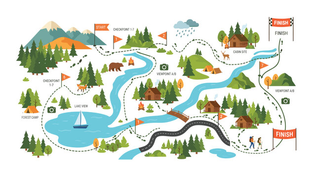 Adventure hiking trail map infographic flat illustration with nature landscape mountains river camp sites and wildlife